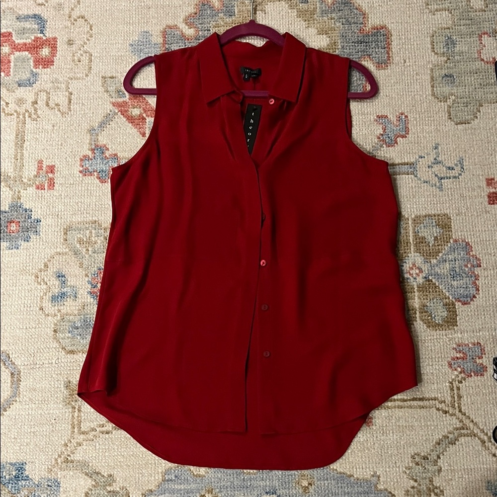 Theory Sleeveless Button-Down Blouse in Wine Red